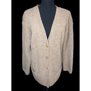 Studio B Lambs Wool Button-Up Cardigan Womens Beige Sweater Pockets scandinavian